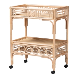bali & pari Molina Natural Rattan Wine Cart - 2-Tier Beverage Trolley with Wheel and Bottle Holders, Tropical Coastal Style Furniture
